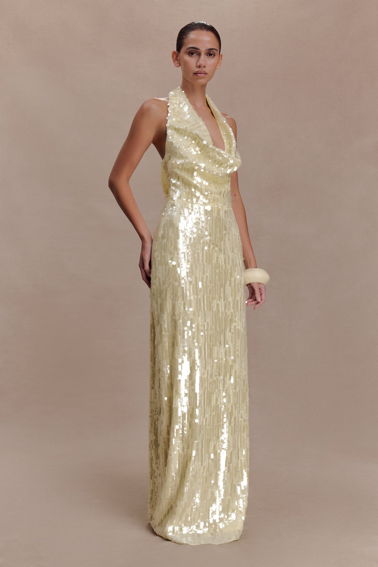 Gertrud Sequin Halter Maxi Dress - Lemon