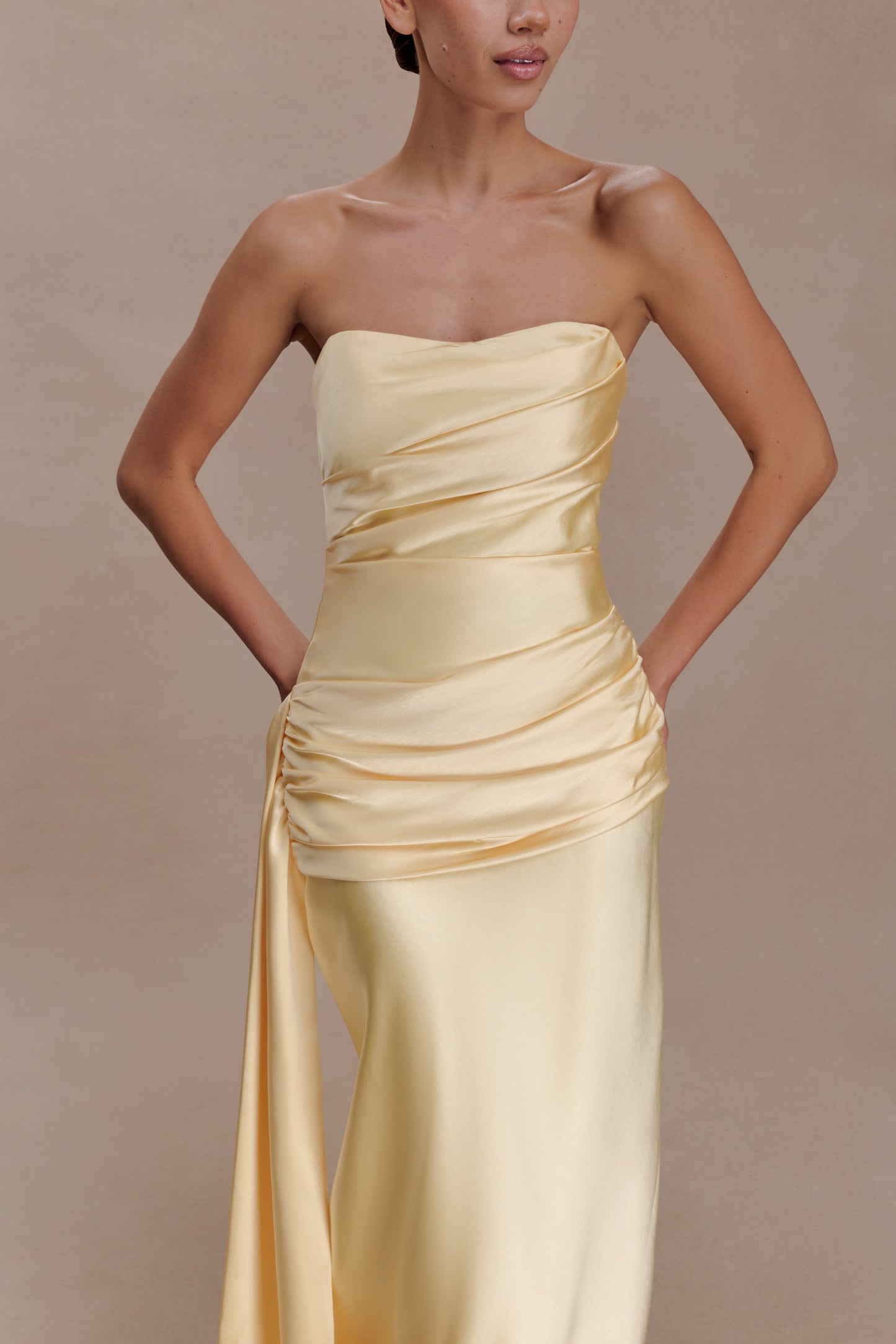 Sarah Strapless Maxi Dress With Waist Tie - Lemon