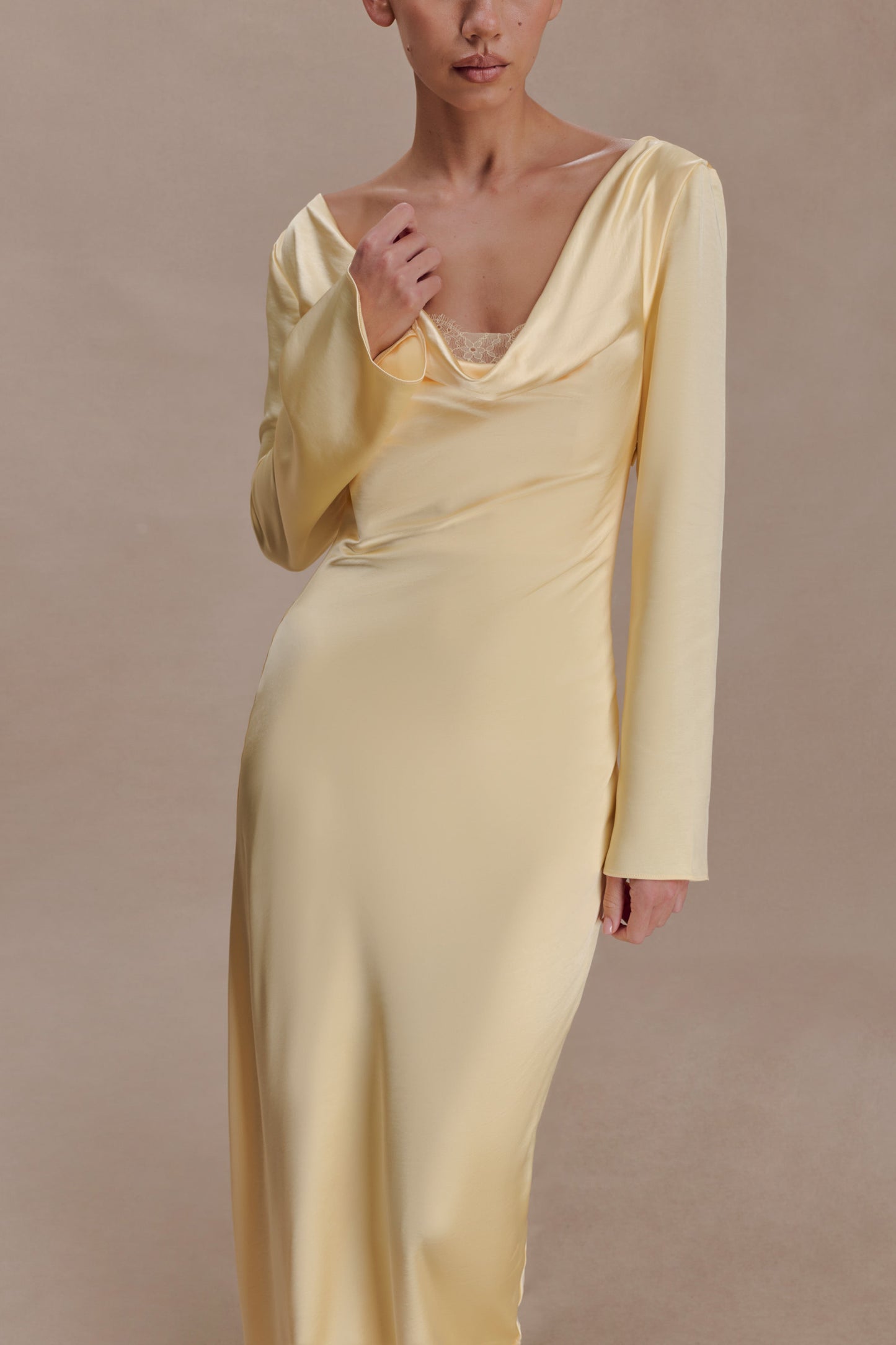 Eliza Long Sleeve Cowl Lace And Satin Maxi Dress - Lemon