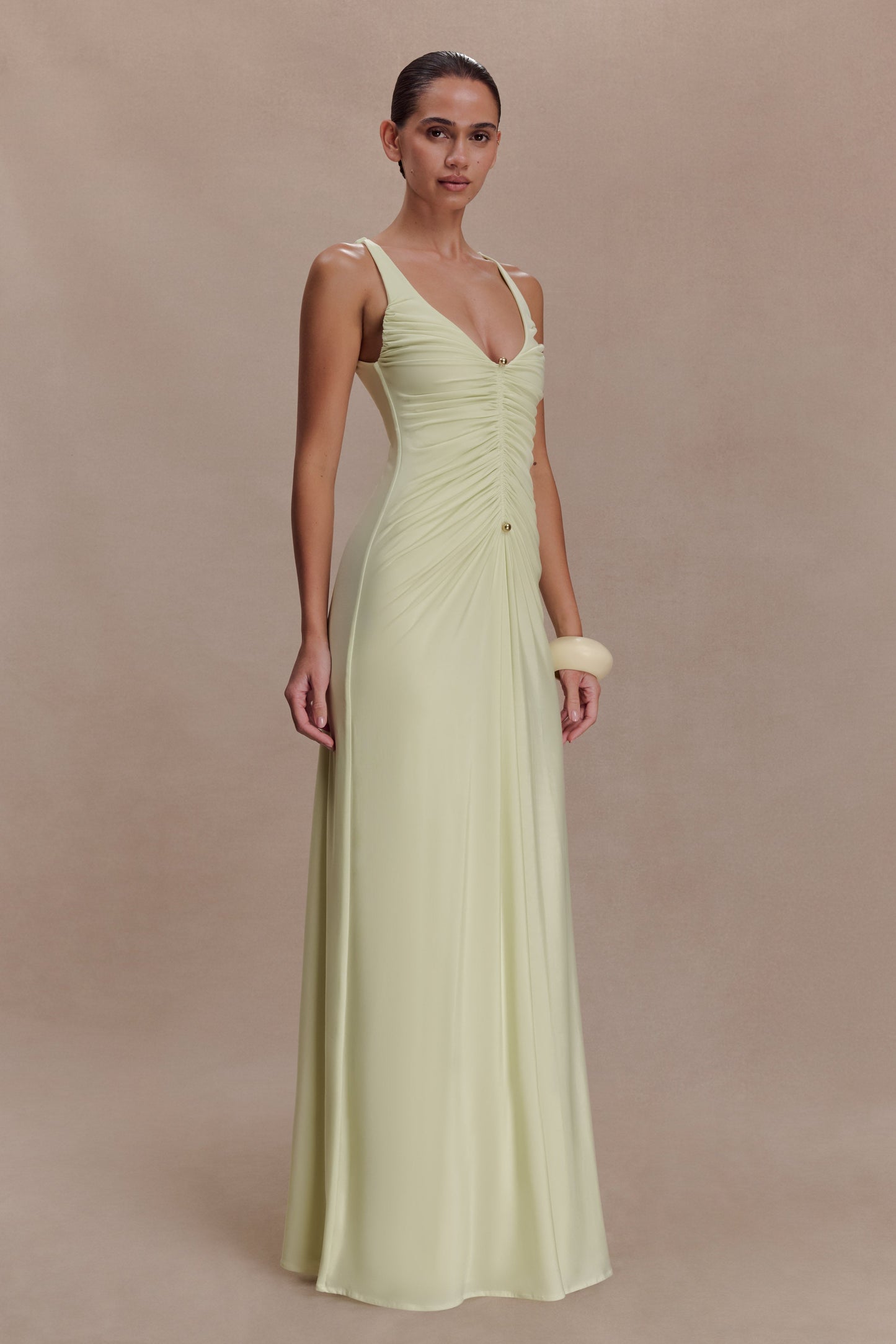 Perrie Slinky Ruched Maxi Dress - Pastel Lime