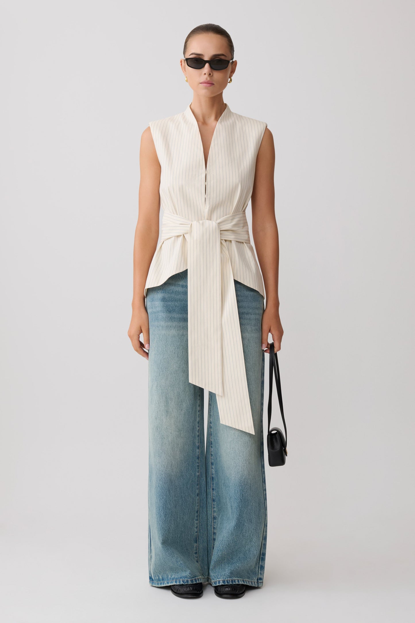 Alina Waist Tie Sleeveless Top - Stripe