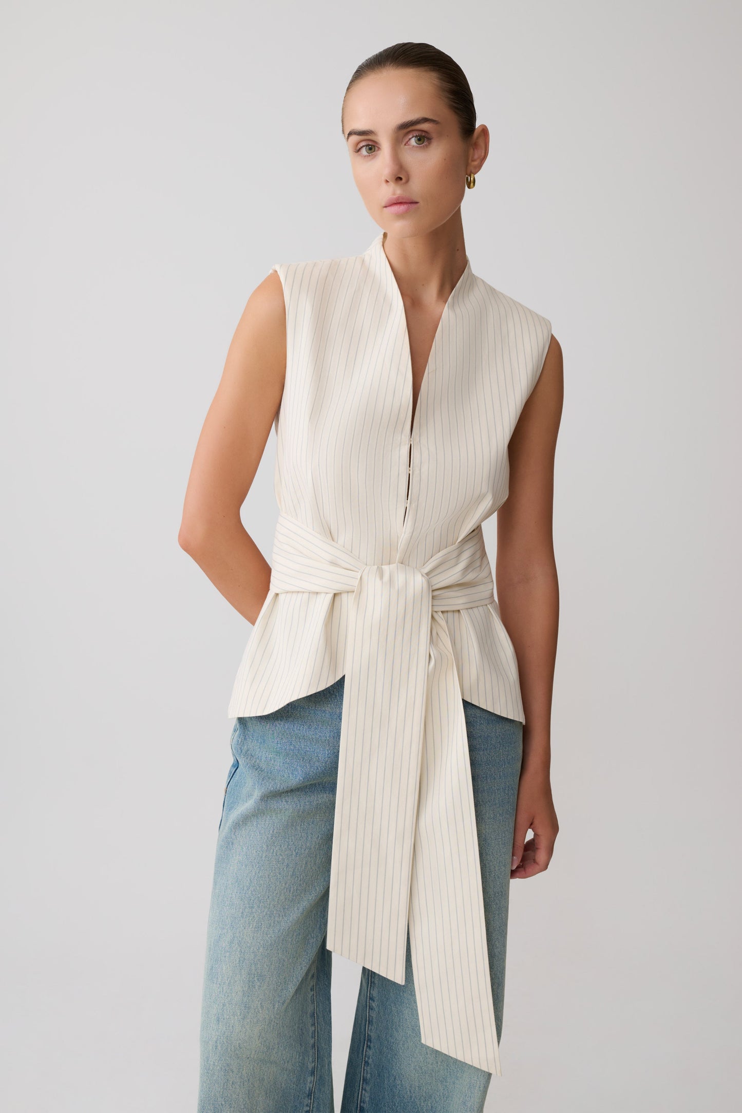 Alina Waist Tie Sleeveless Top - Stripe