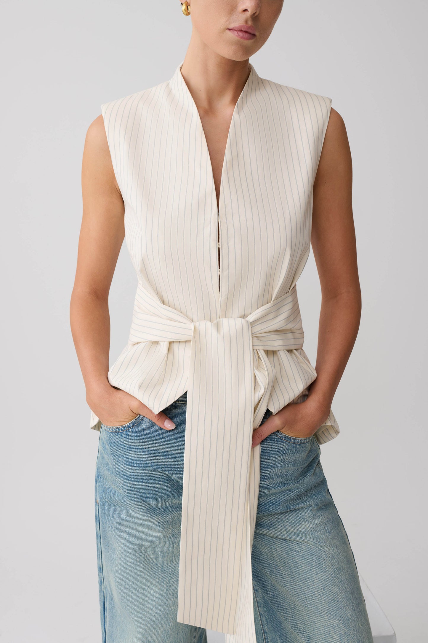 Alina Waist Tie Sleeveless Top - Stripe