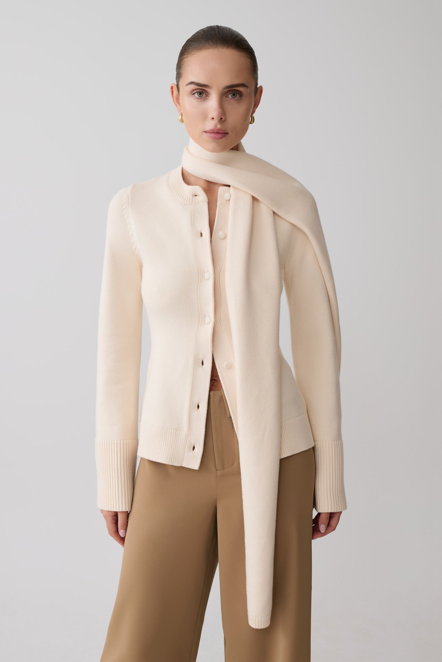 Lara Knit Cardigan With Scarf - Ivory