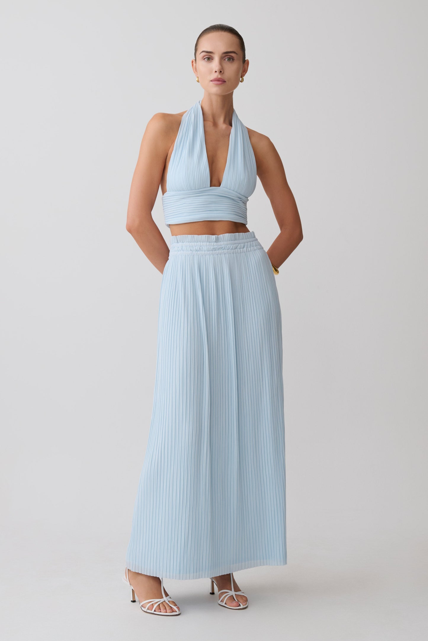 Amaris Sleeveless Plisse Halter Top - Pale Blue