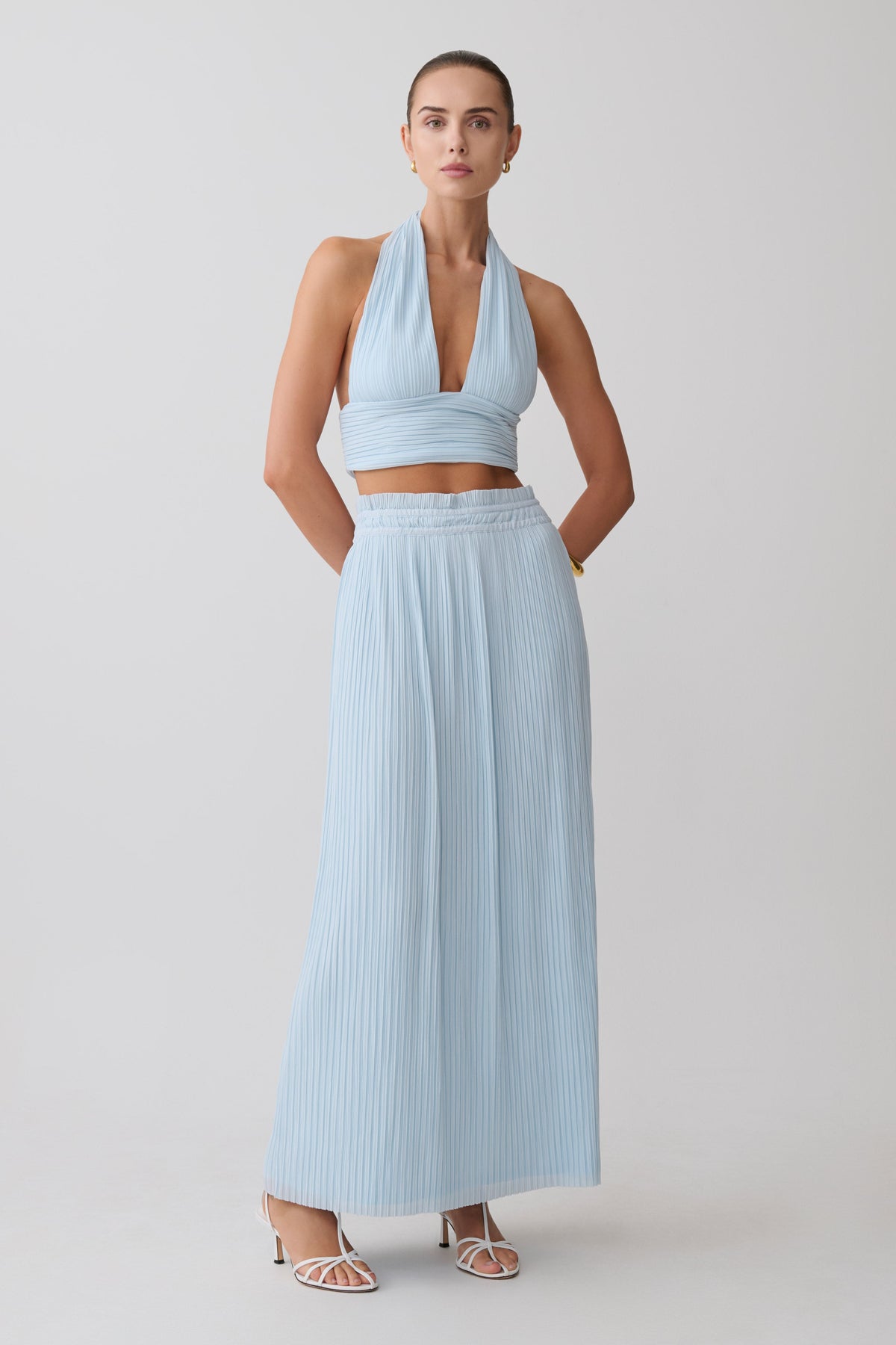 Amaris Sleeveless Plisse Halter Top - Pale Blue