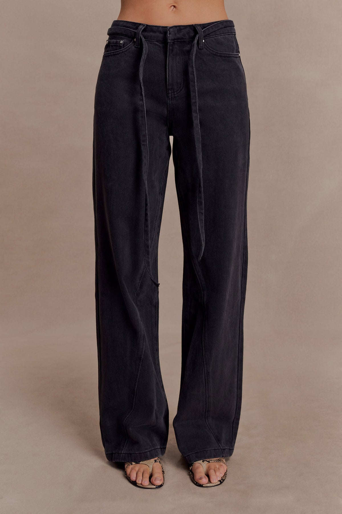 Perrie Mid Rise Straight Leg Tie Jeans - Washed Black