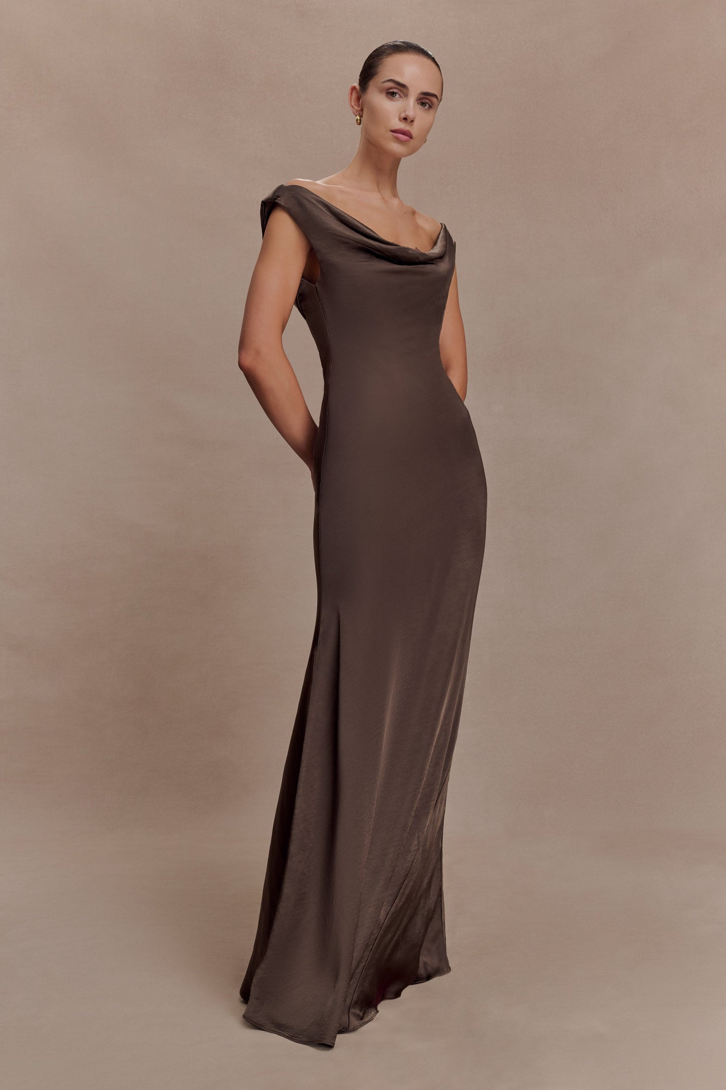 Ashley Cowl Neck Lace And Satin Maxi Dress - Mocha