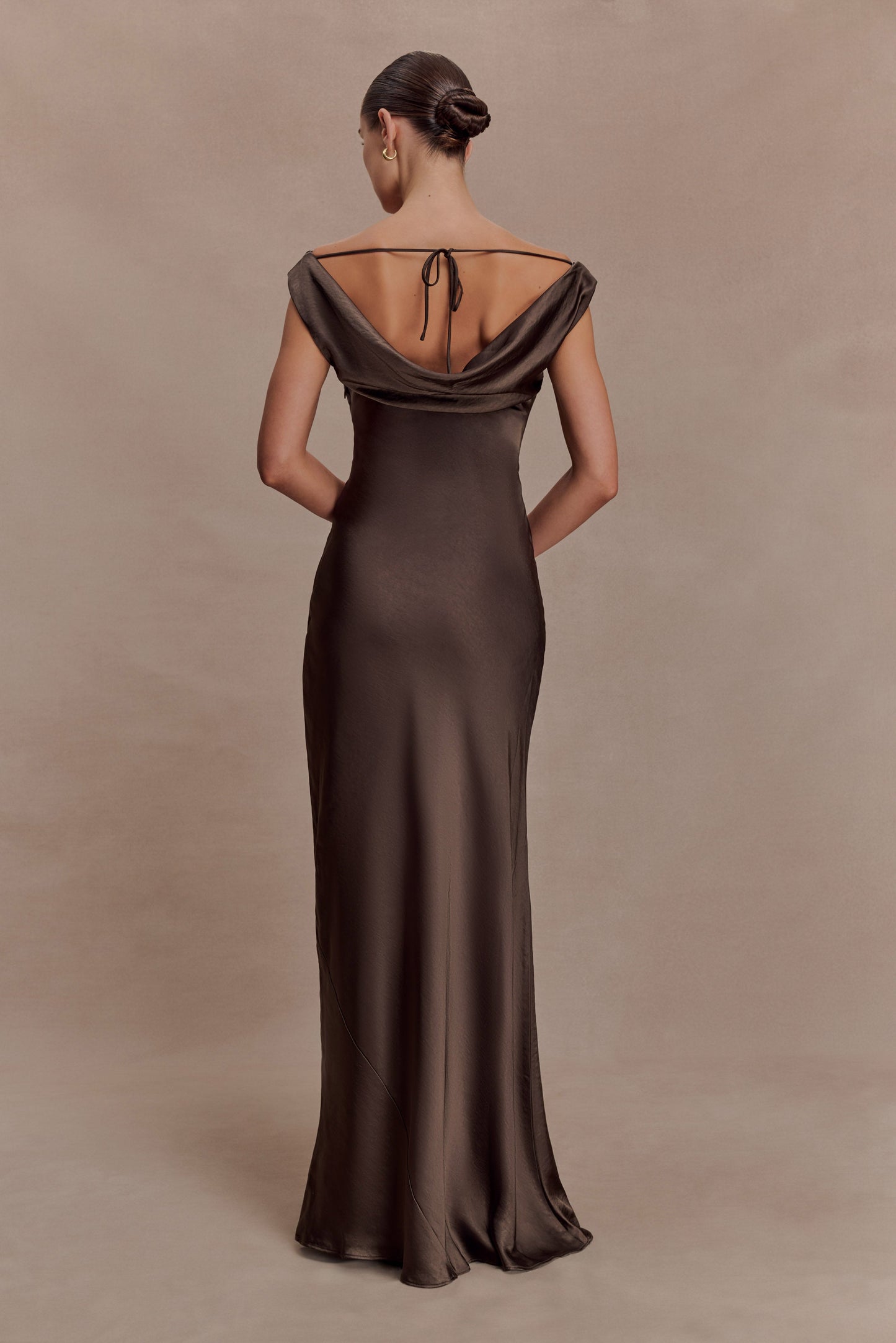 Ashley Cowl Neck Lace And Satin Maxi Dress - Mocha