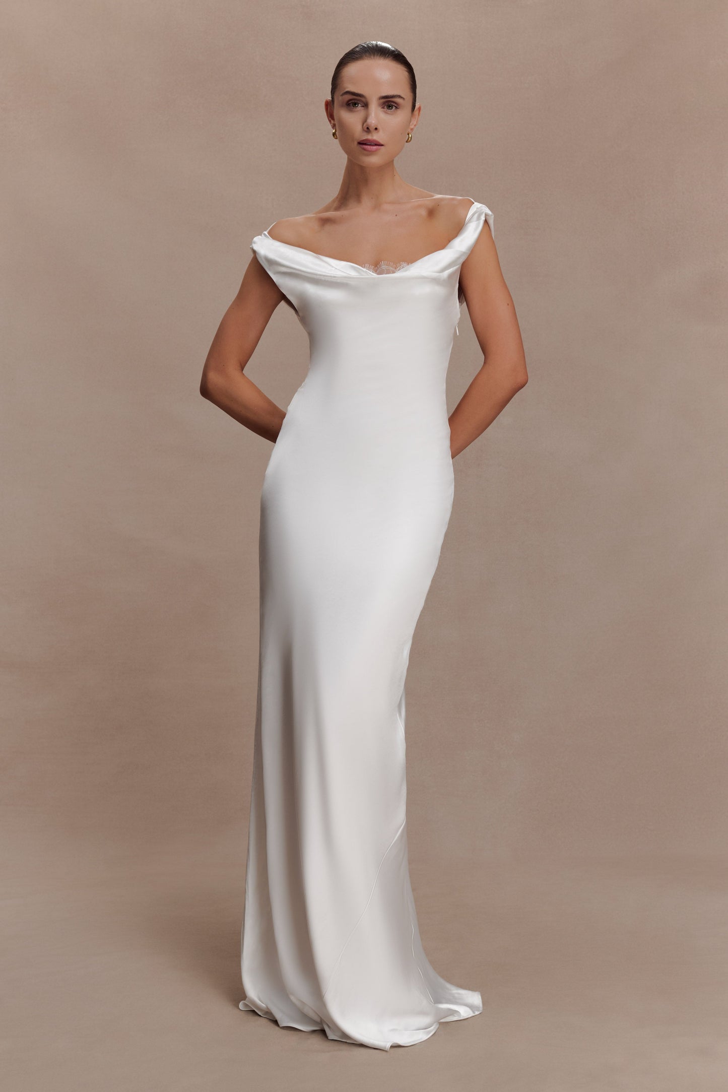 Ashley Cowl Neck Lace And Satin Maxi Dress - Ivory