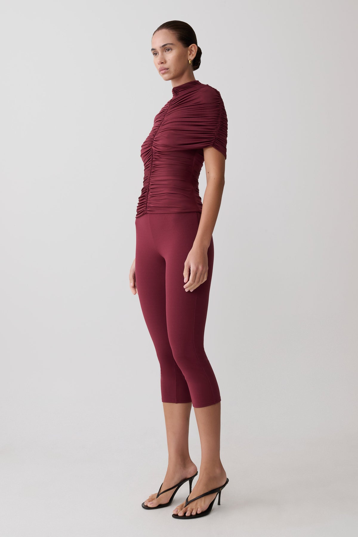 Linh Slinky High Neck Gathered Top - Mahogany