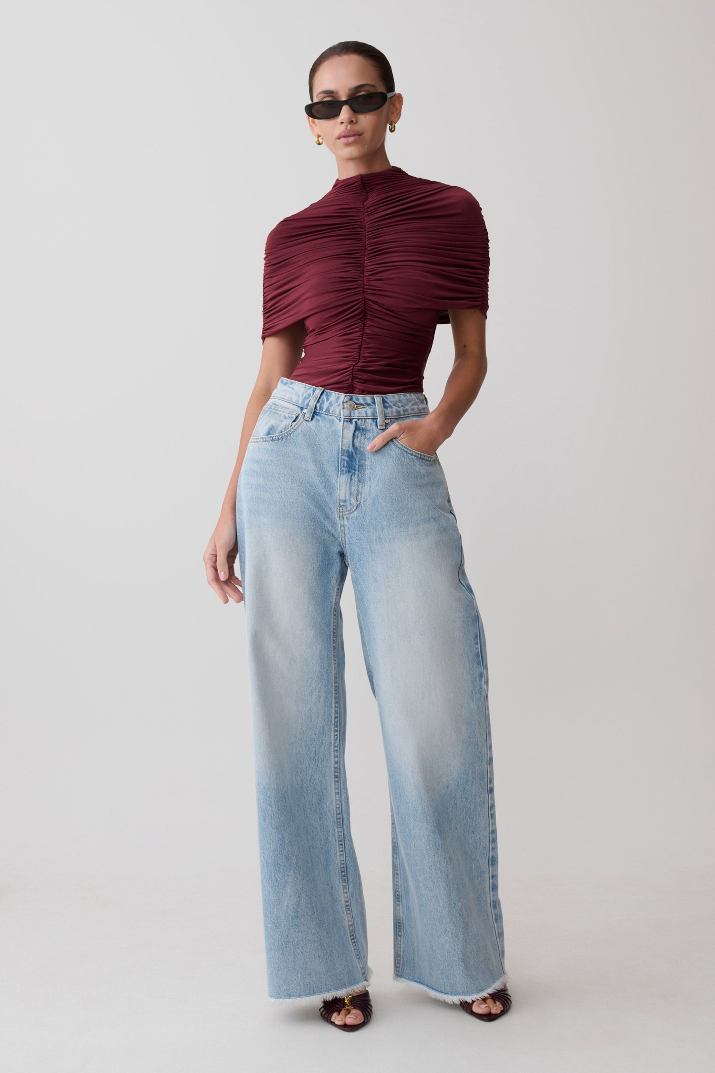 Linh Slinky High Neck Gathered Top - Mahogany