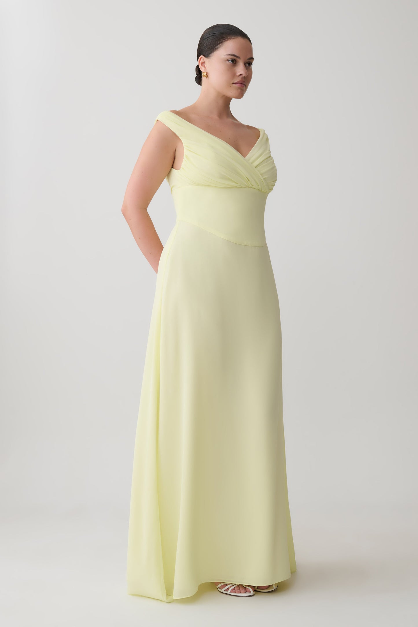 Mabel Off Shoulder Chiffon Maxi Dress - Lemon