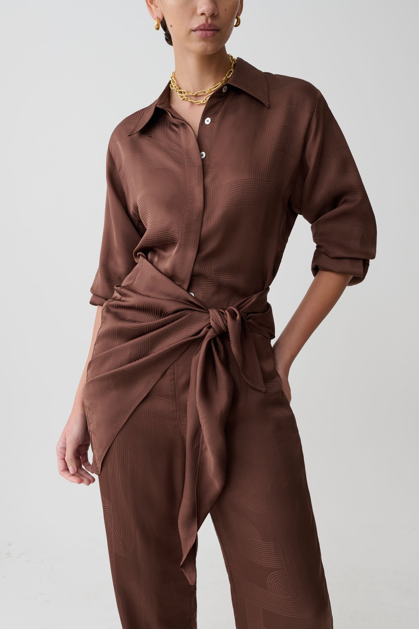 Gia Long Sleeve Satin Shirt - Chocolate