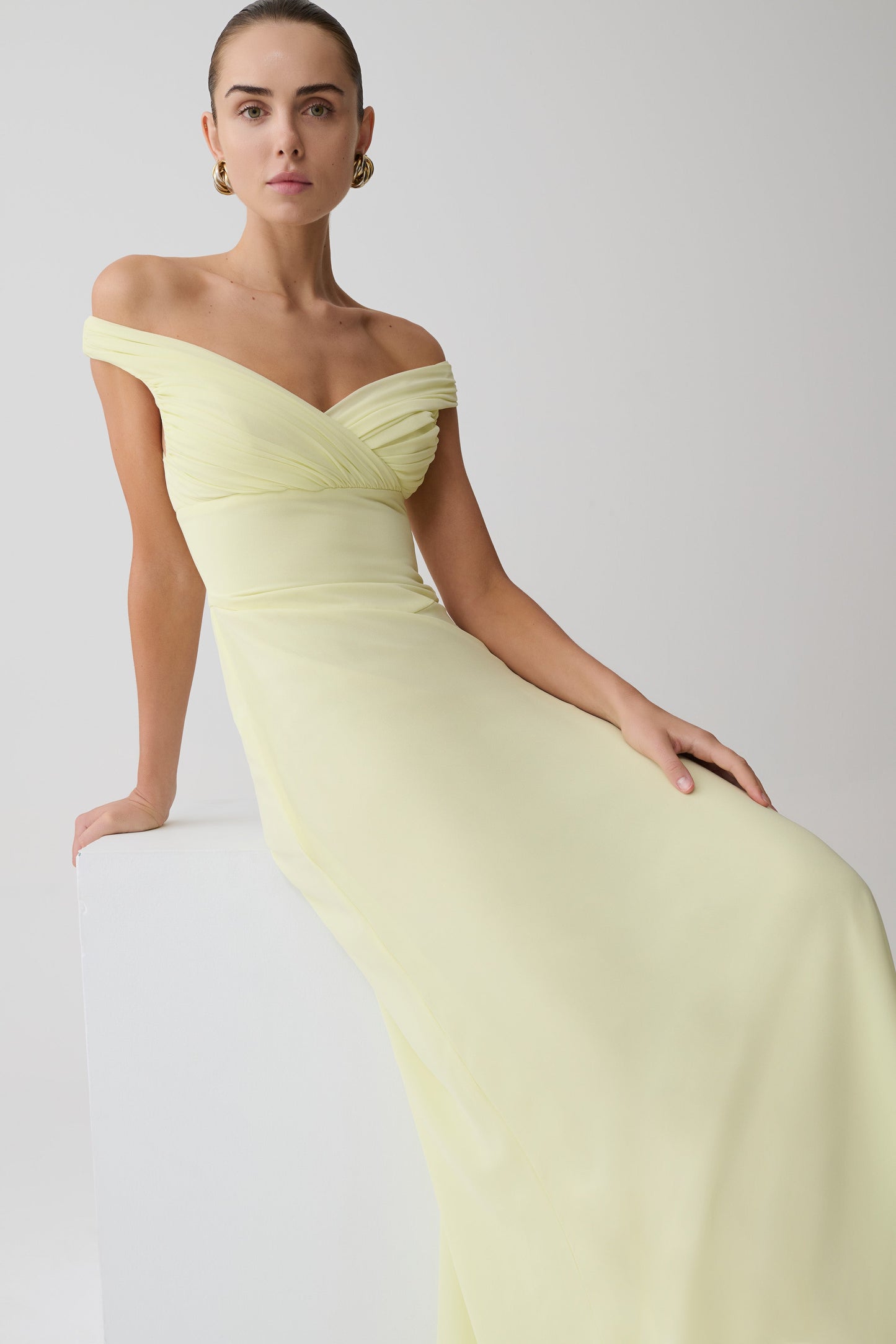 Mabel Off Shoulder Chiffon Maxi Dress - Lemon