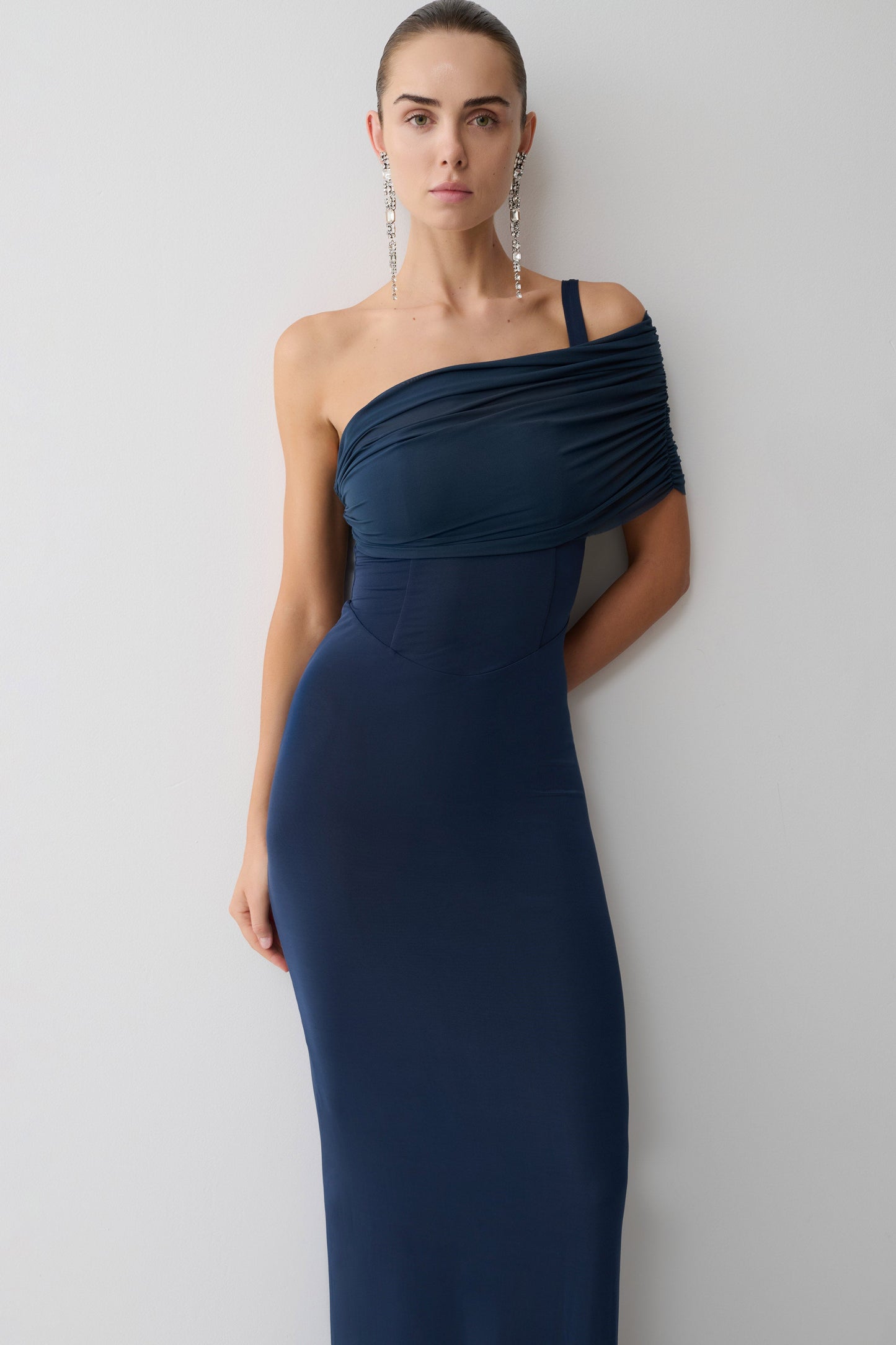 Hanh One Shoulder Mesh Maxi Dress - Ink Blue