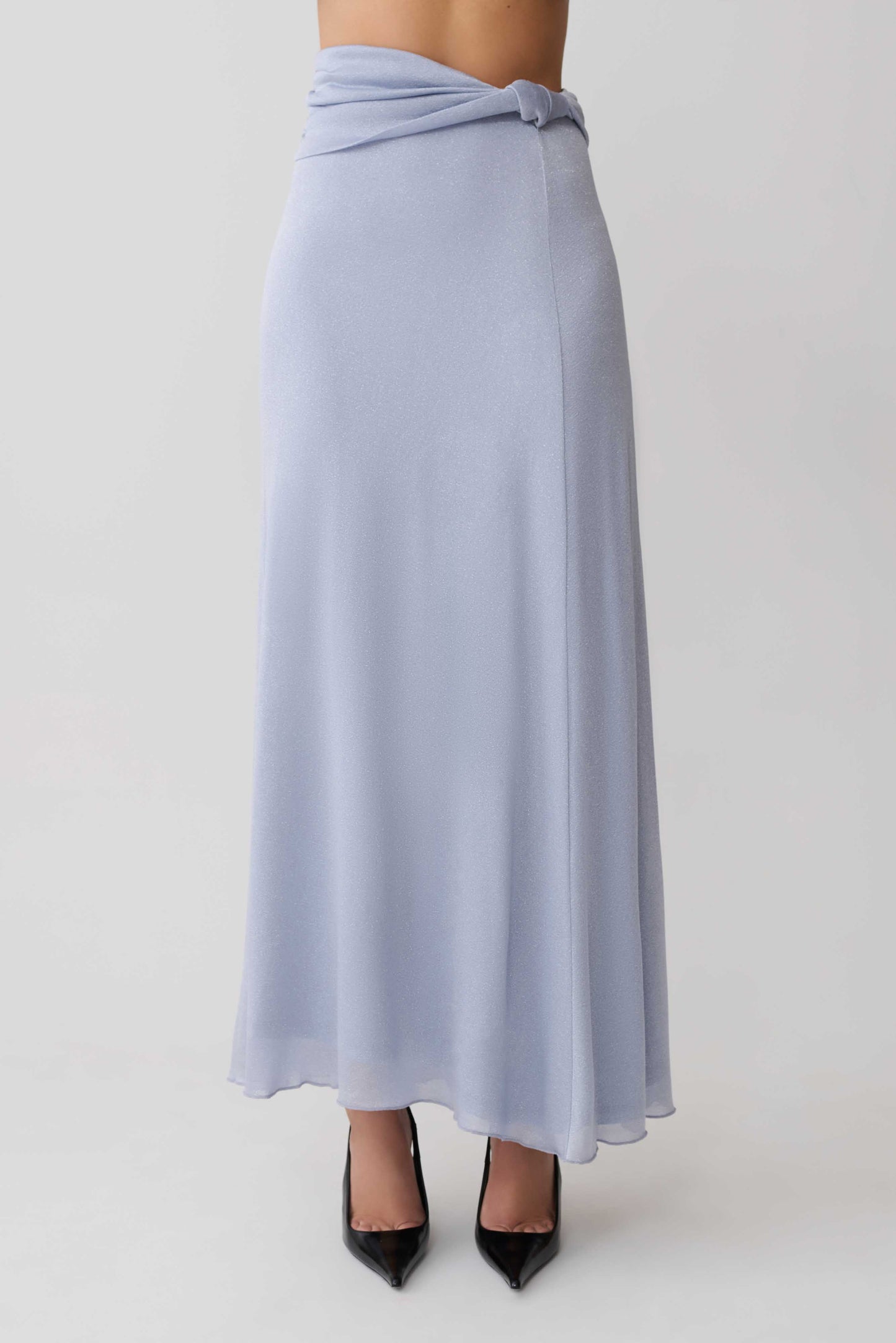 Adrienne Lurex Knot Maxi Skirt - Pastel Blue