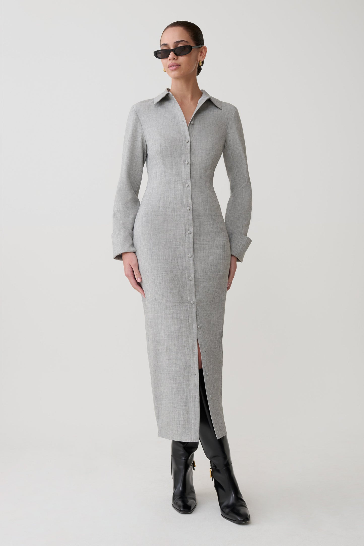 Dorian Fitted Shirt Midi Dress - Charcoal Marle