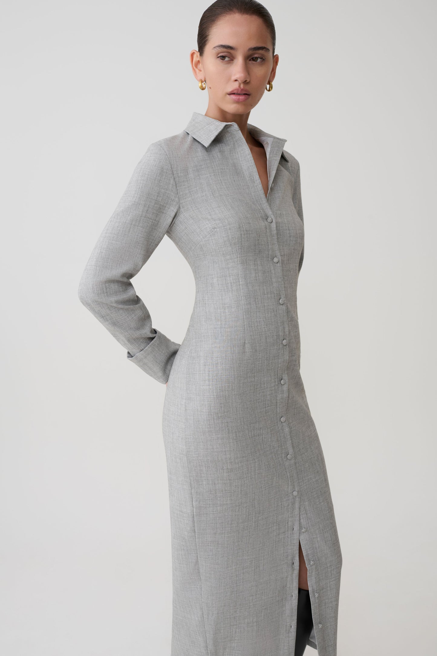Dorian Fitted Shirt Midi Dress - Charcoal Marle
