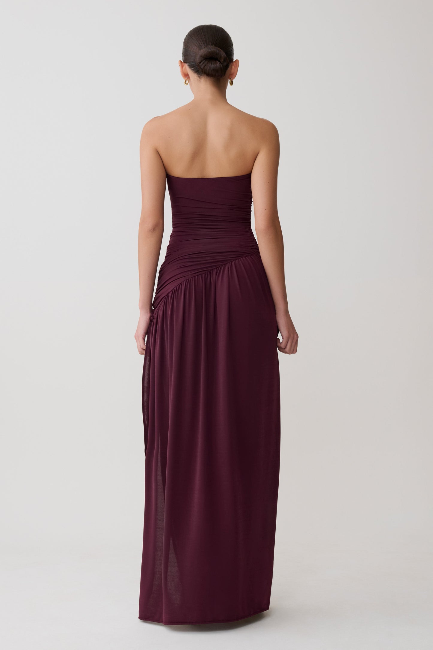 Bex Strapless Slinky Maxi Dress With Split - Burgundy