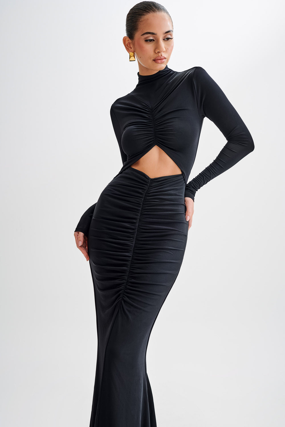 Pia Slinky Long Sleeve Cutout Maxi Dress - Black