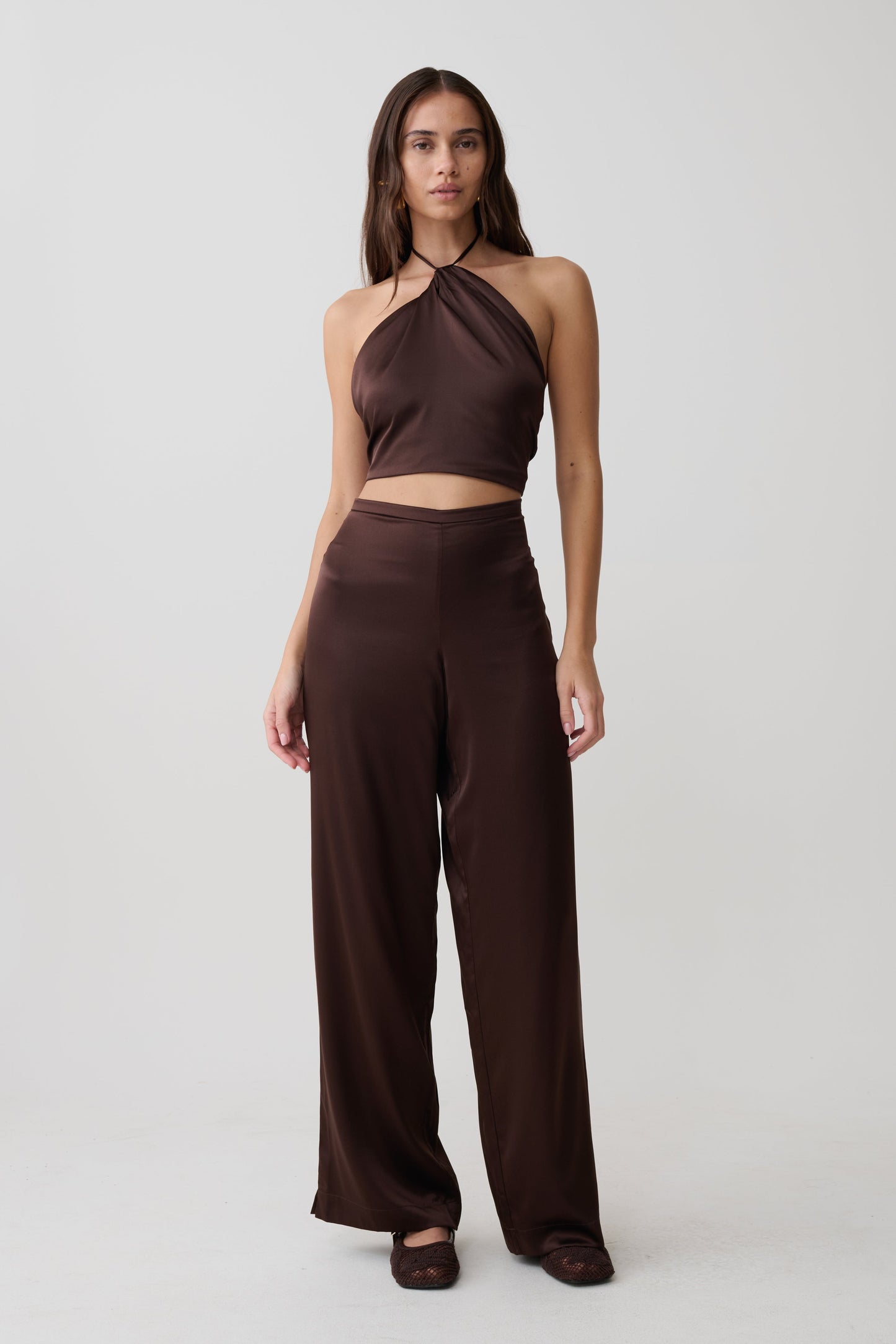 Mariana Halter Silk Blend Sleeveless Top - Dark Chocolate