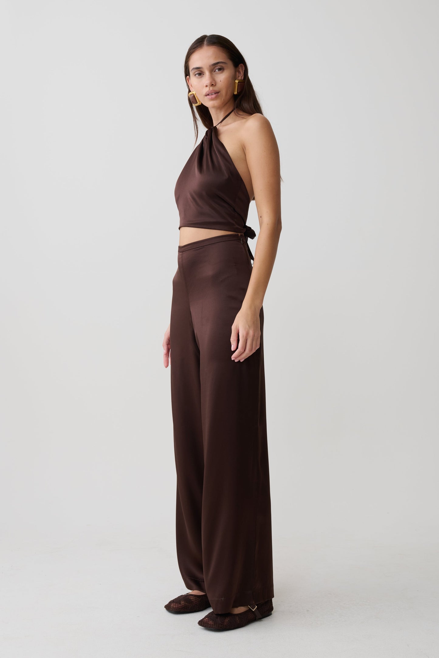 Mariana Halter Silk Blend Sleeveless Top - Dark Chocolate