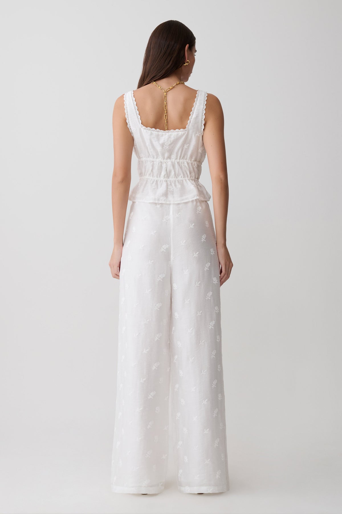 Vivian Tie Waist Embroidered Pant - White