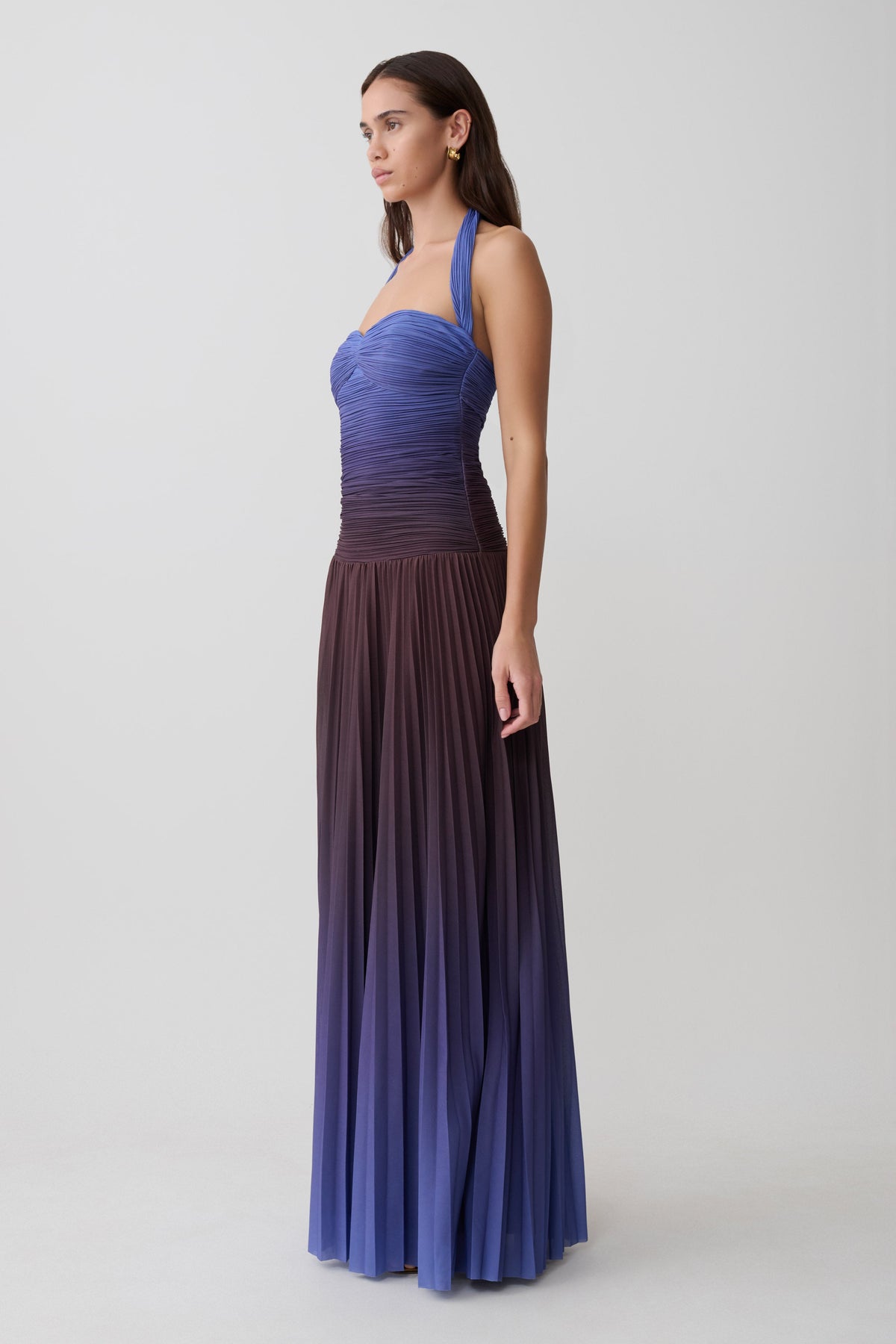 Azizi Pleated Halter Maxi Dress - Chocolate & Blue Ombre Print