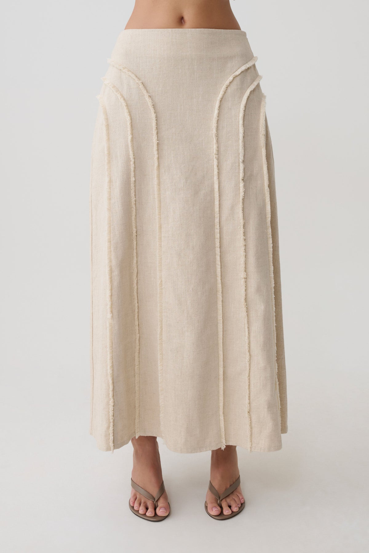 Annie Linen Frayed Midi Skirt - Natural