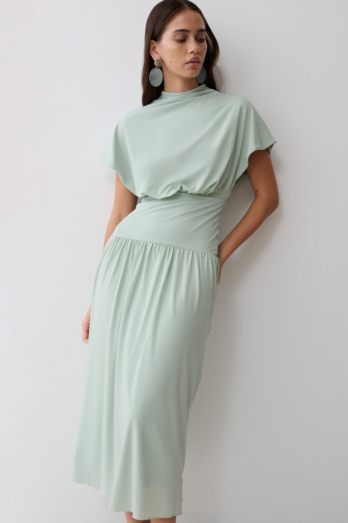 Ailla High Neck Cowl Midi Dress - Aqua Grey