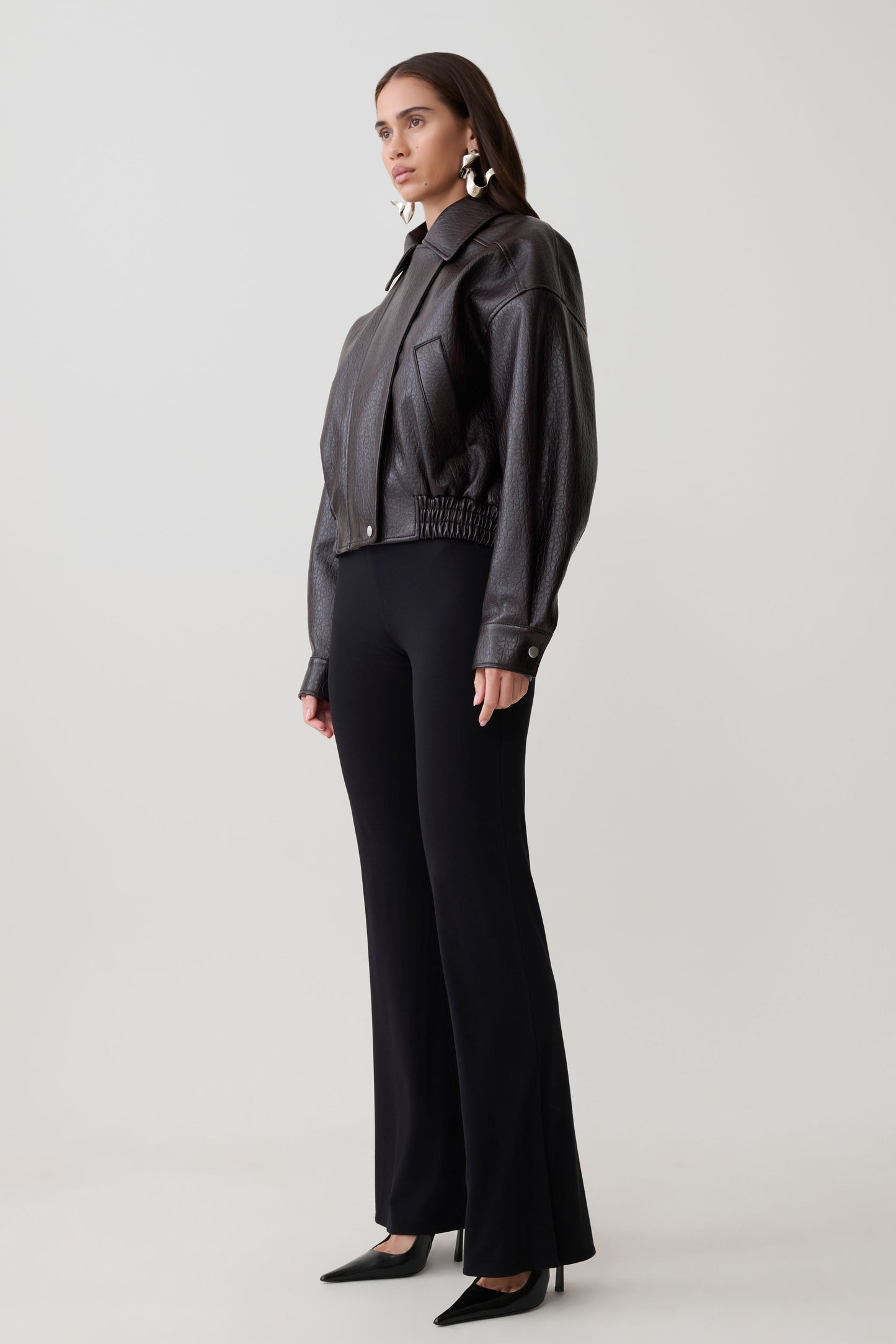 Paige Faux Leather Cropped Jacket - Cherry Brown