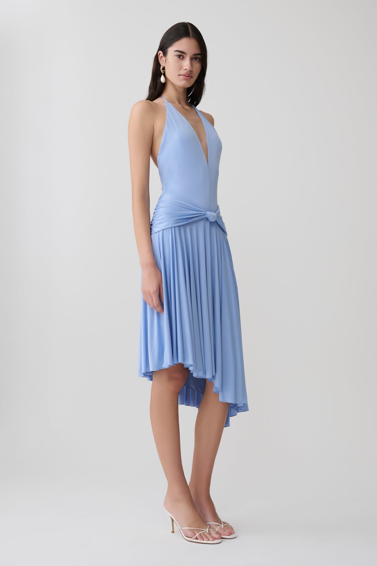 Zelda Asymmetric Slinky Midi Dress - Cornflower Blue