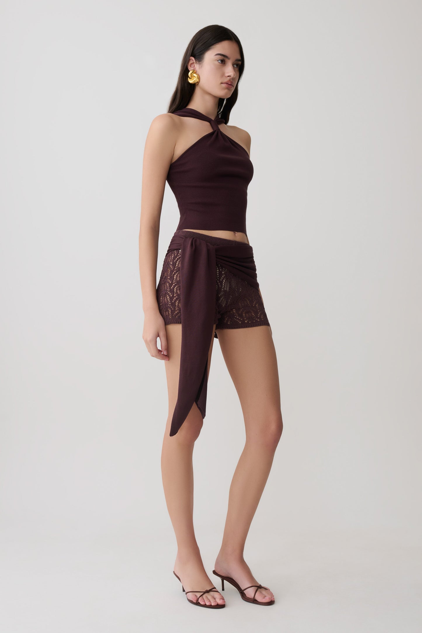 Liora Crochet Shorts With Knit Overlay - Chocolate