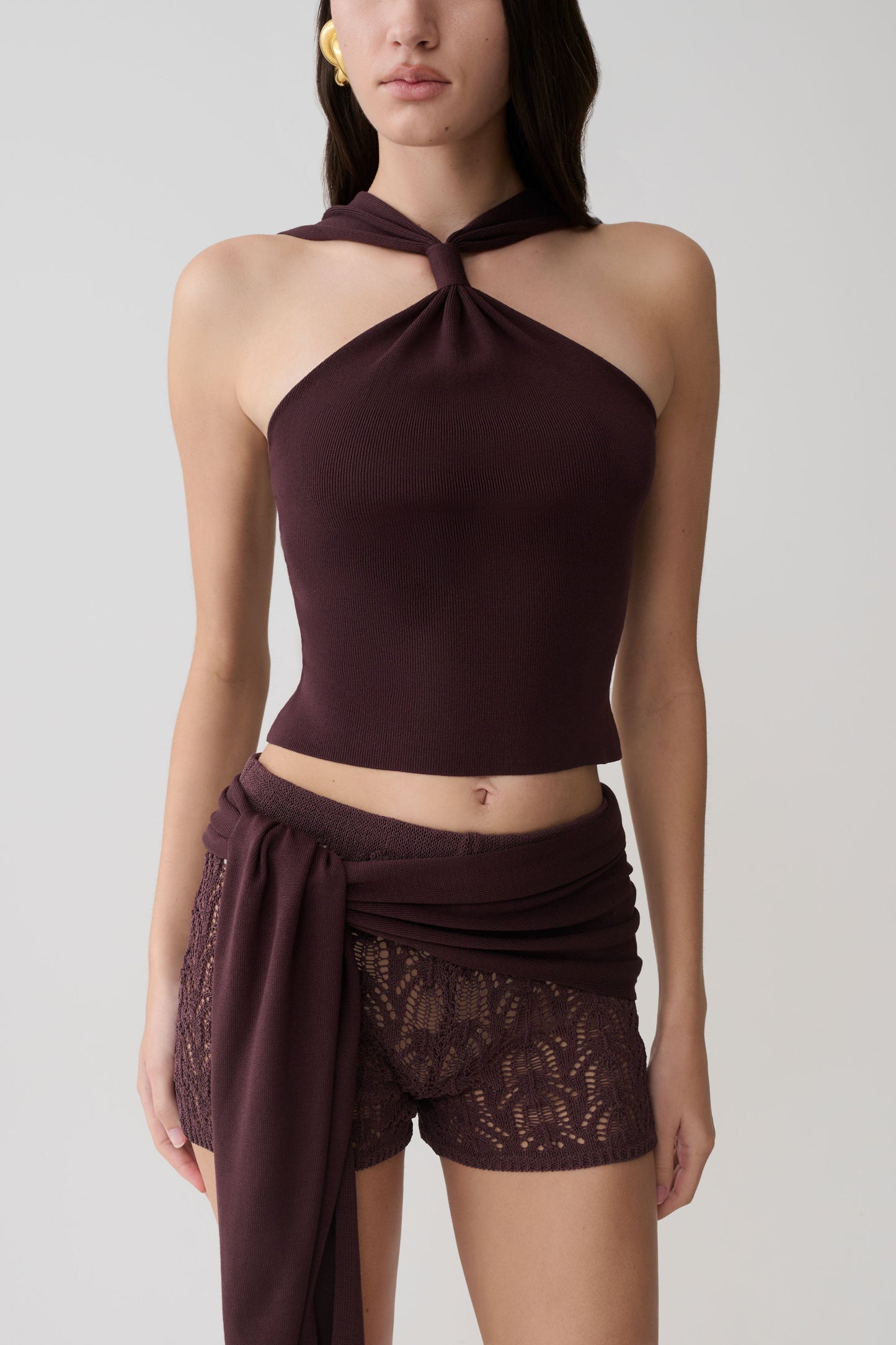 Liora Crochet Shorts With Knit Overlay - Chocolate