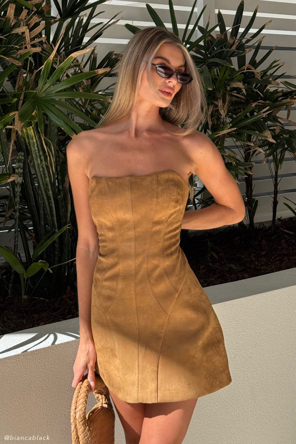 dress suede Andy Faux Mini - Camel Strapless dress WAIST:34 Travel Fashion Casual Dresses - LOVESTITCH a crew neckline