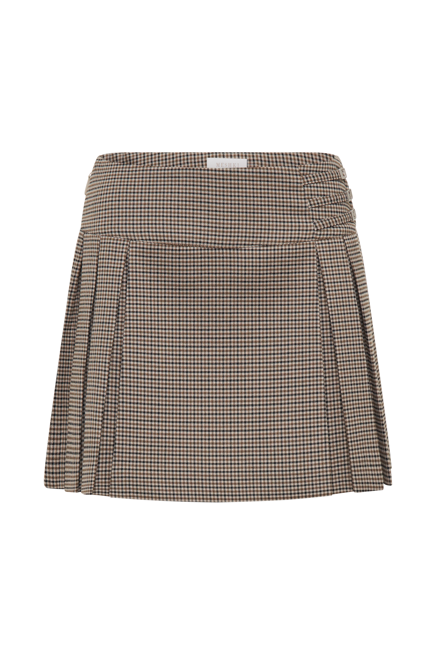 Angie Pleated Buckle Mini Skirt - Tan Check #11