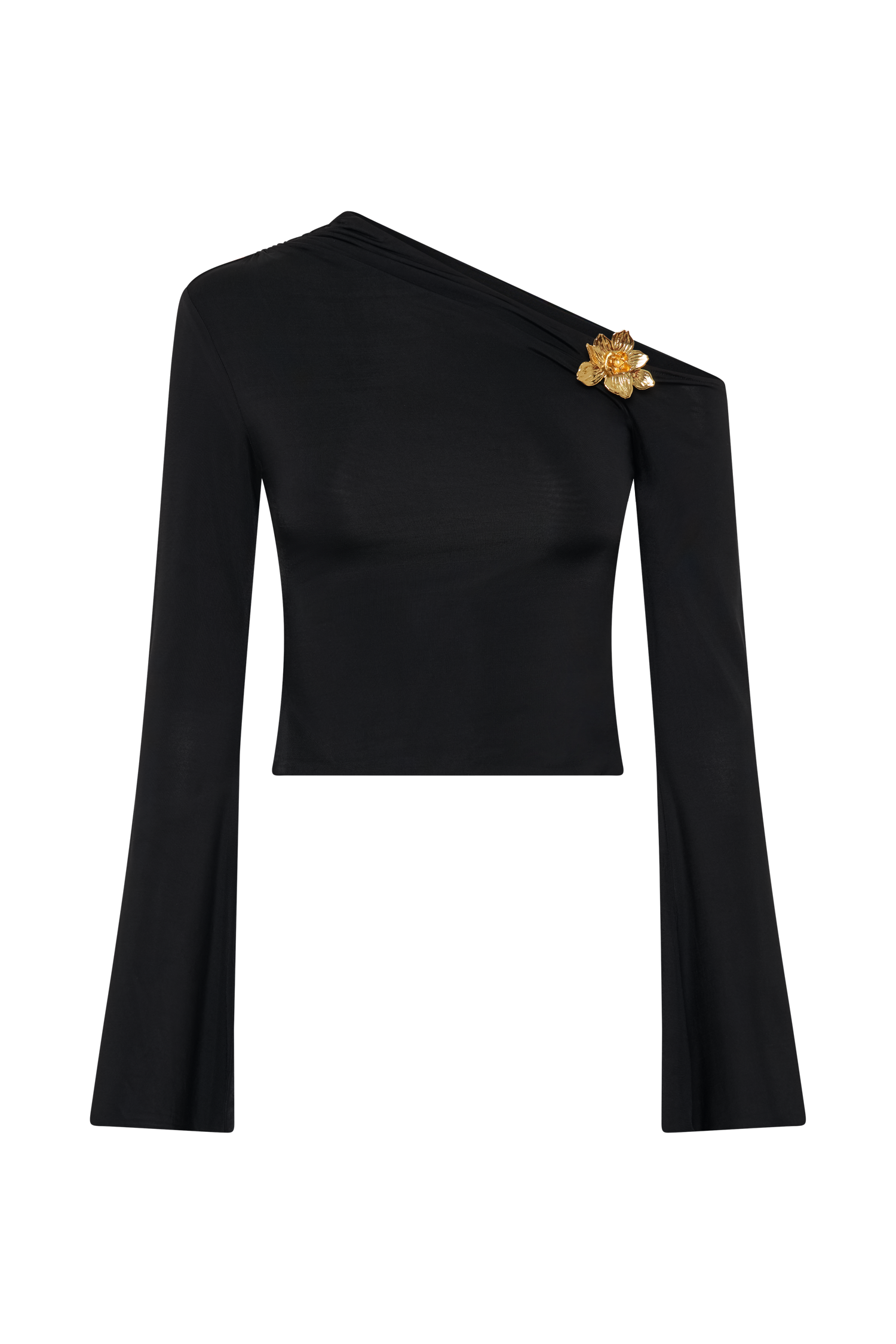 Ainsley Asymmetrical Long Sleeve Top With Floral Hardware - Black #9