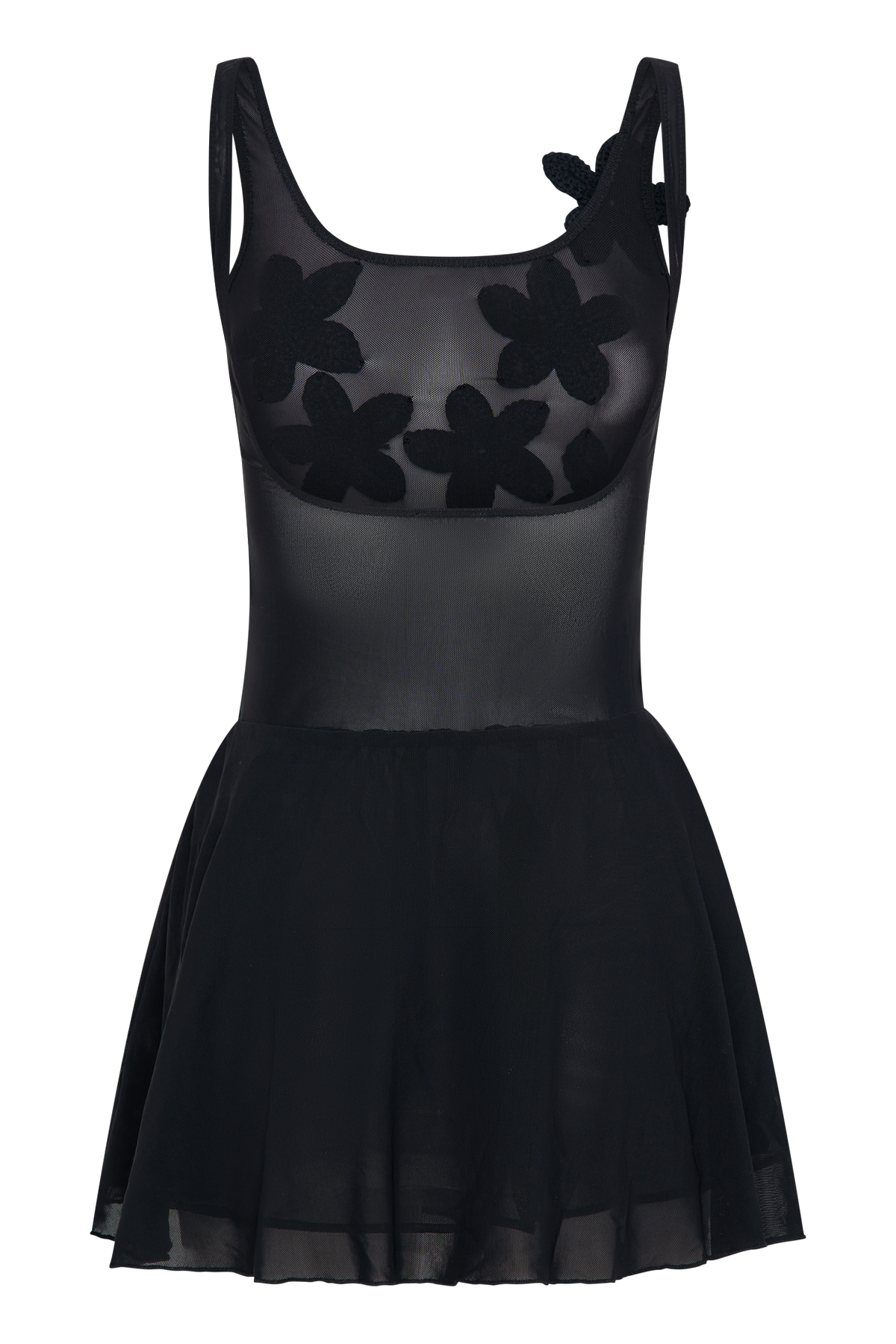 Melanie Mesh Mini Dress With Flowers - Black