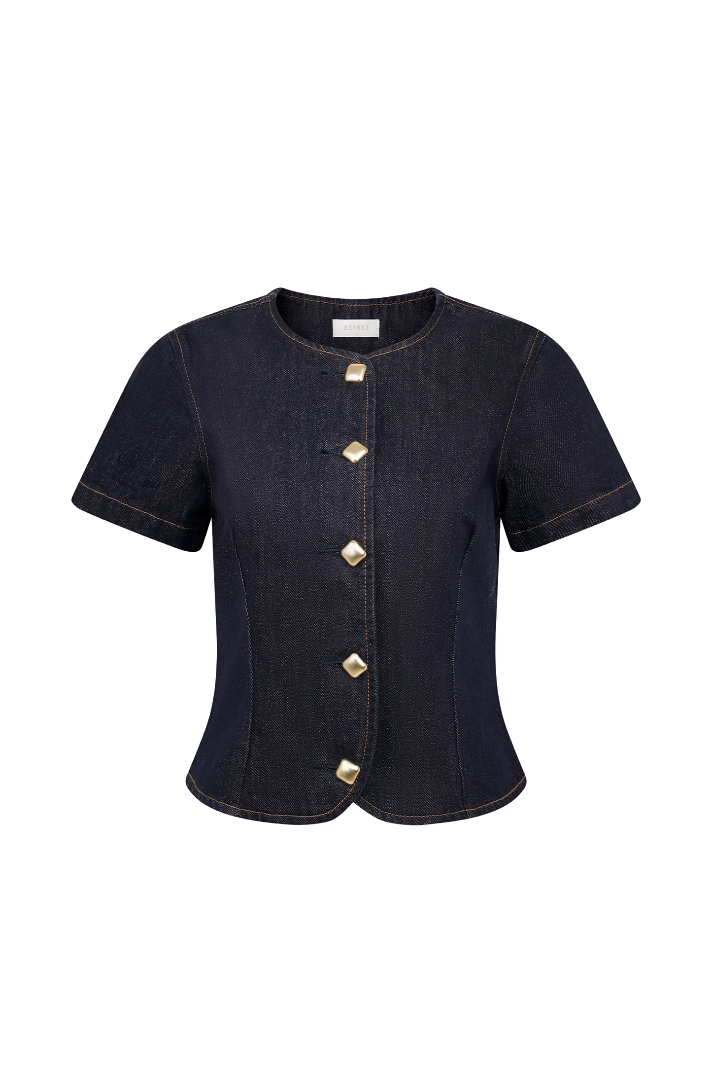 Bethany Short Sleeve Buttoned Denim Top - Washed Indigo Blue