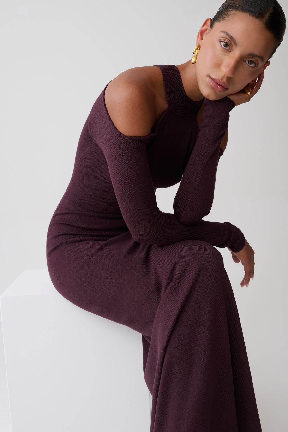 Emma Open Shoulder Maxi Knit Dress - Dark Chocolate