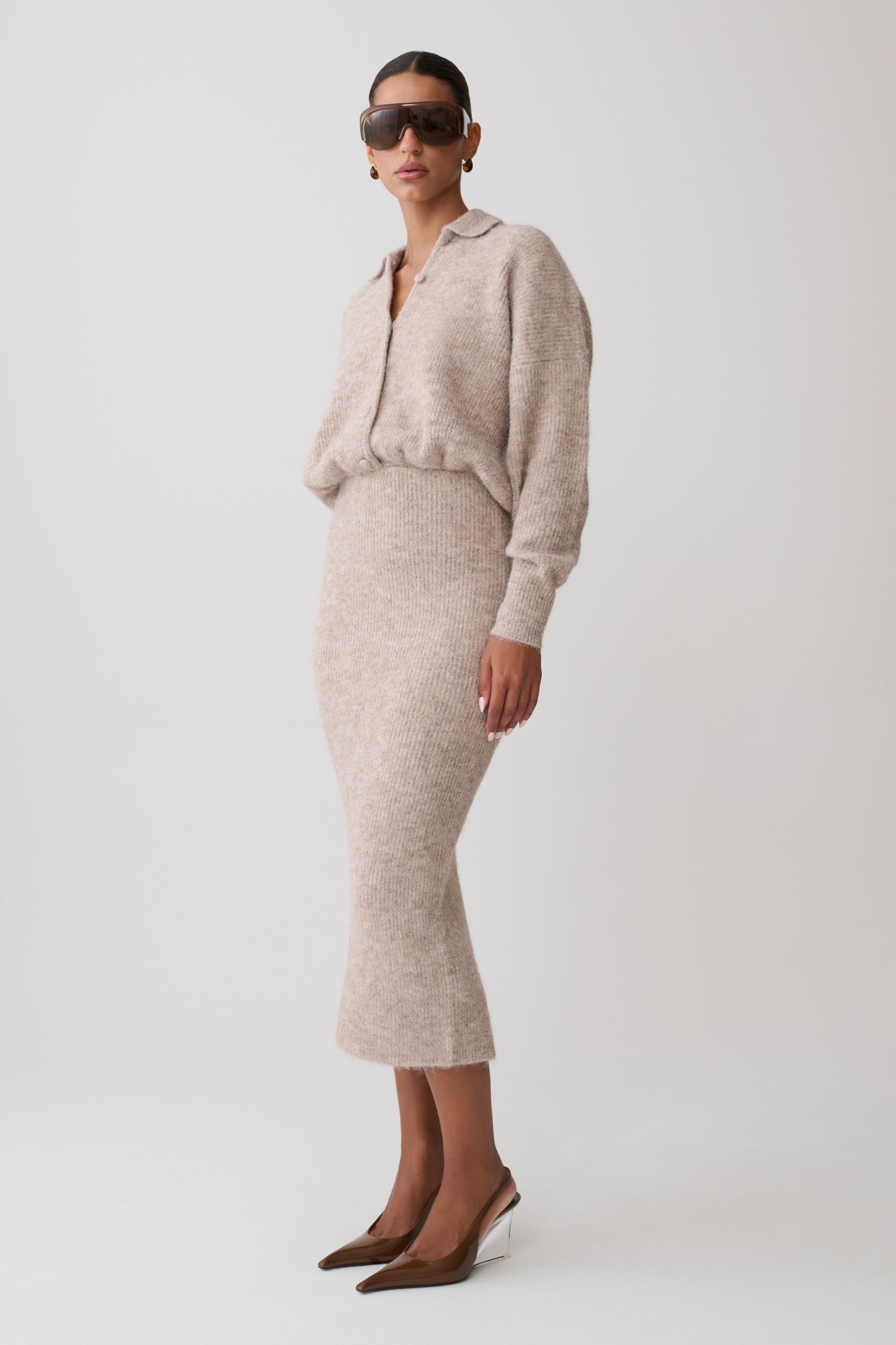 Simoney Long Sleeve Midi Knit Dress - Oat Marle
