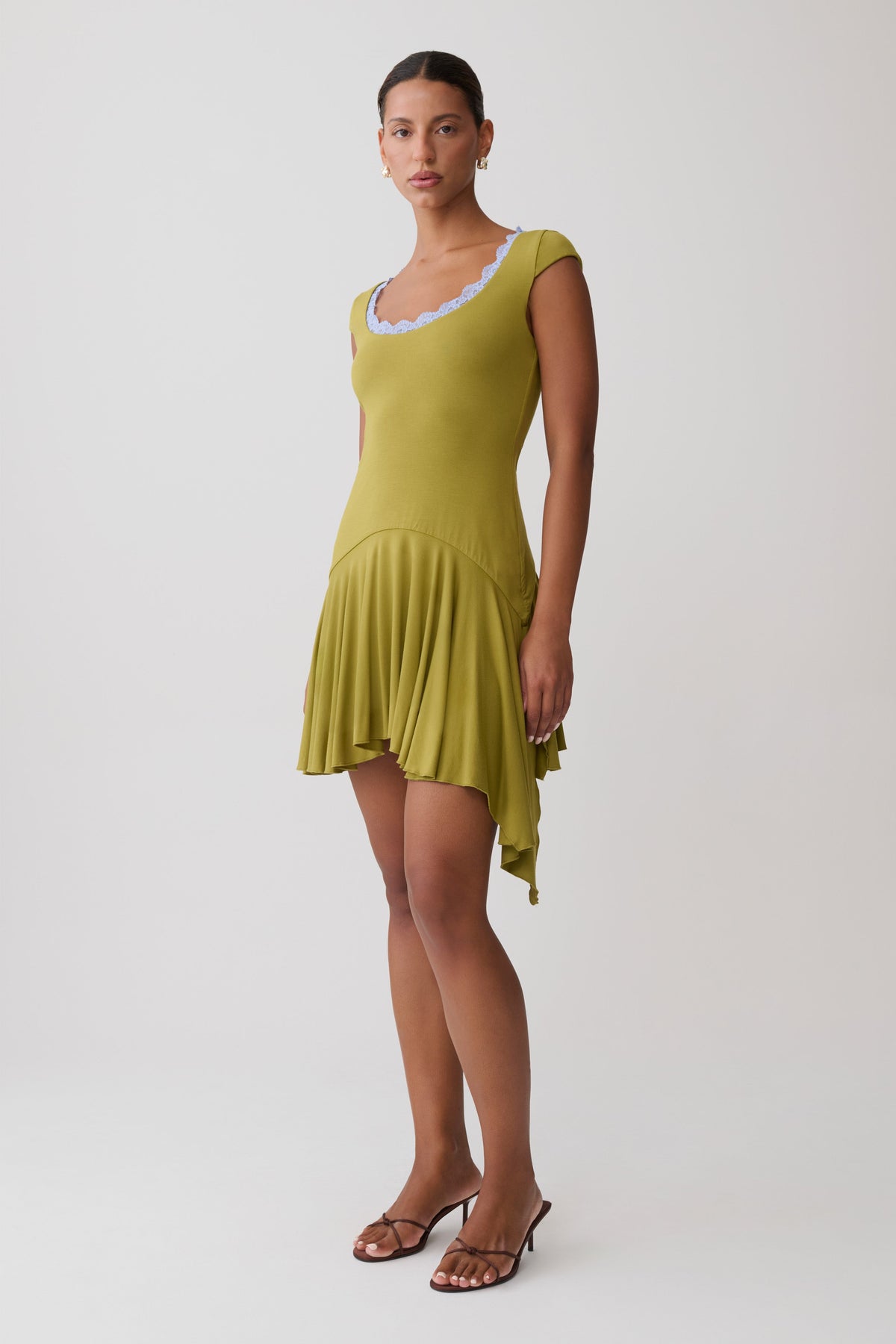 Gardenia Lace Trim Scoop Neck Mini Dress - Olive/Cornflower