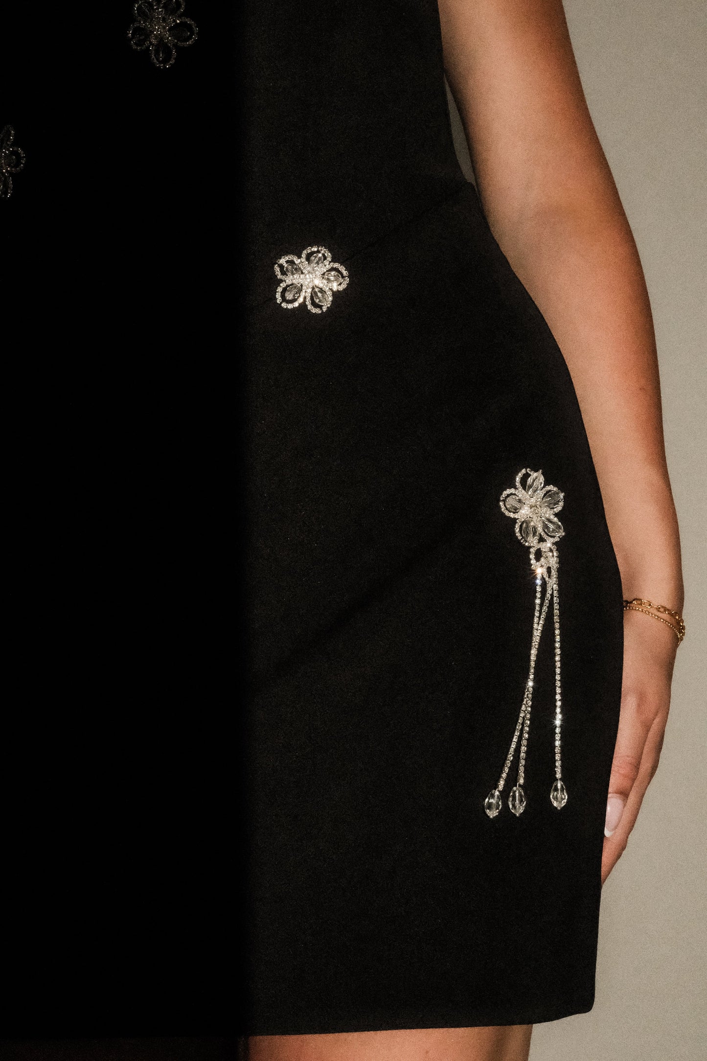 Liva Strapless Diamante Floral Trim Mini Dress - Black