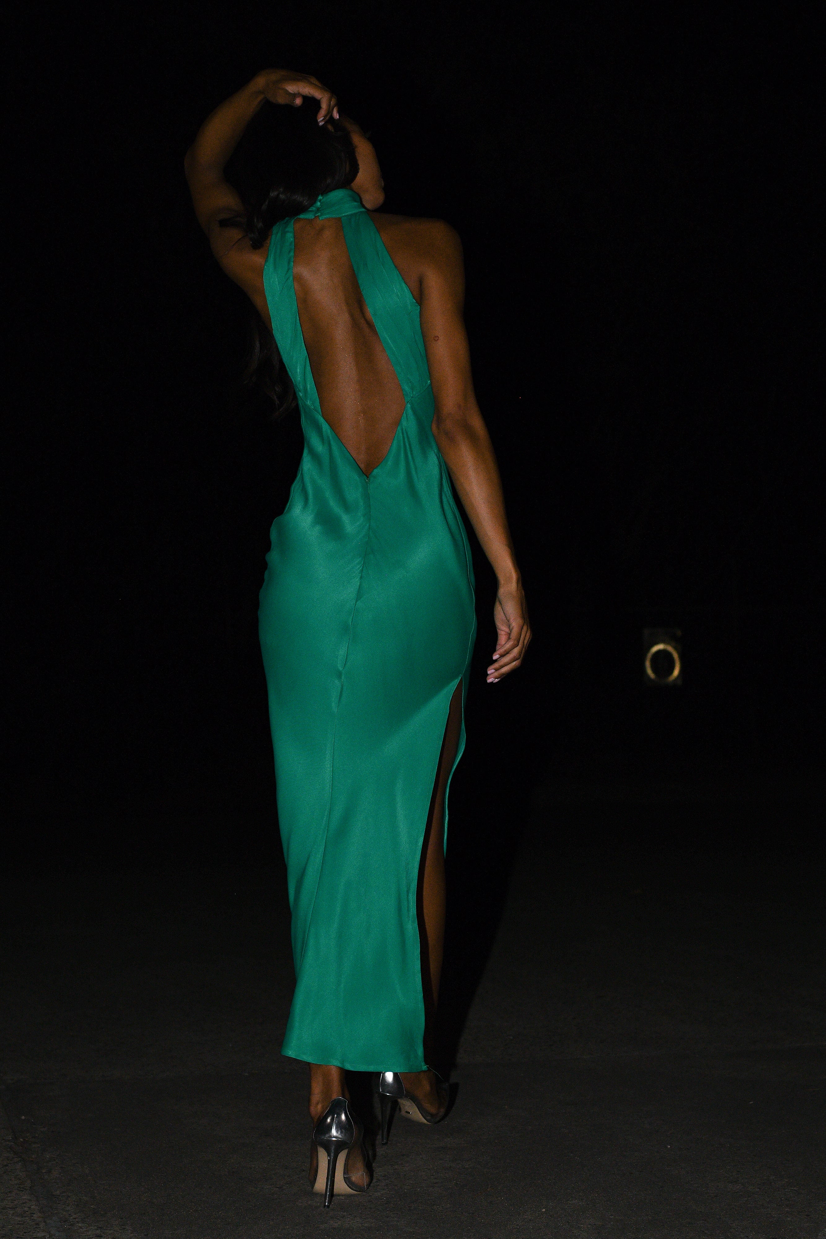 green dress meshki Claire Satin Drape Back Maxi with Split - | Womens Maxi Dresses and side seams The first thing I Style:H24272H modern ethereal wedding gown