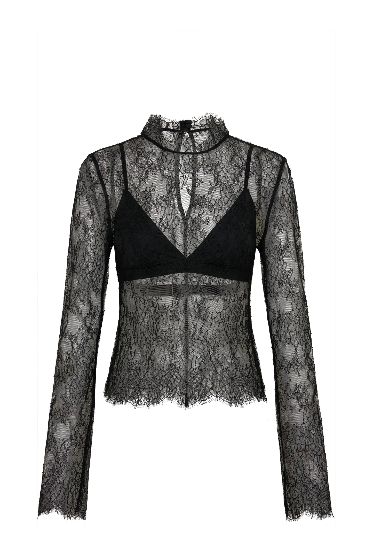 Alizette High Neck Long Sleeve Lace Top - Black