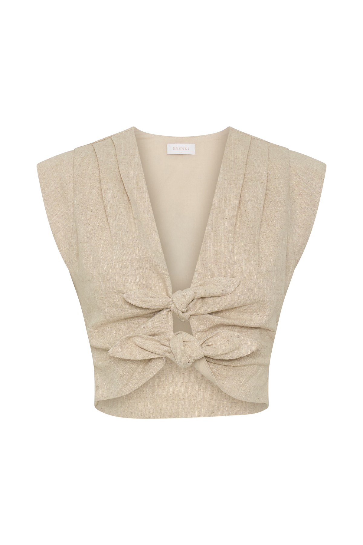 Anahita Linen Front Bows Short Sleeve Top - Natural