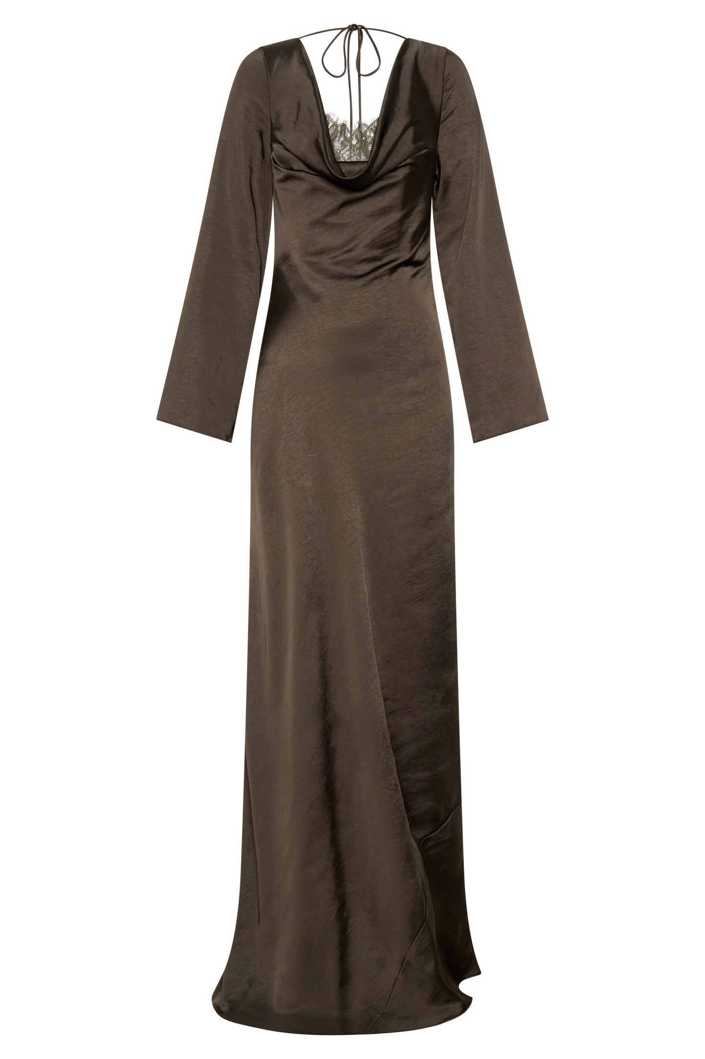 Eliza Long Sleeve Cowl Lace And Satin Maxi Dress - Mocha