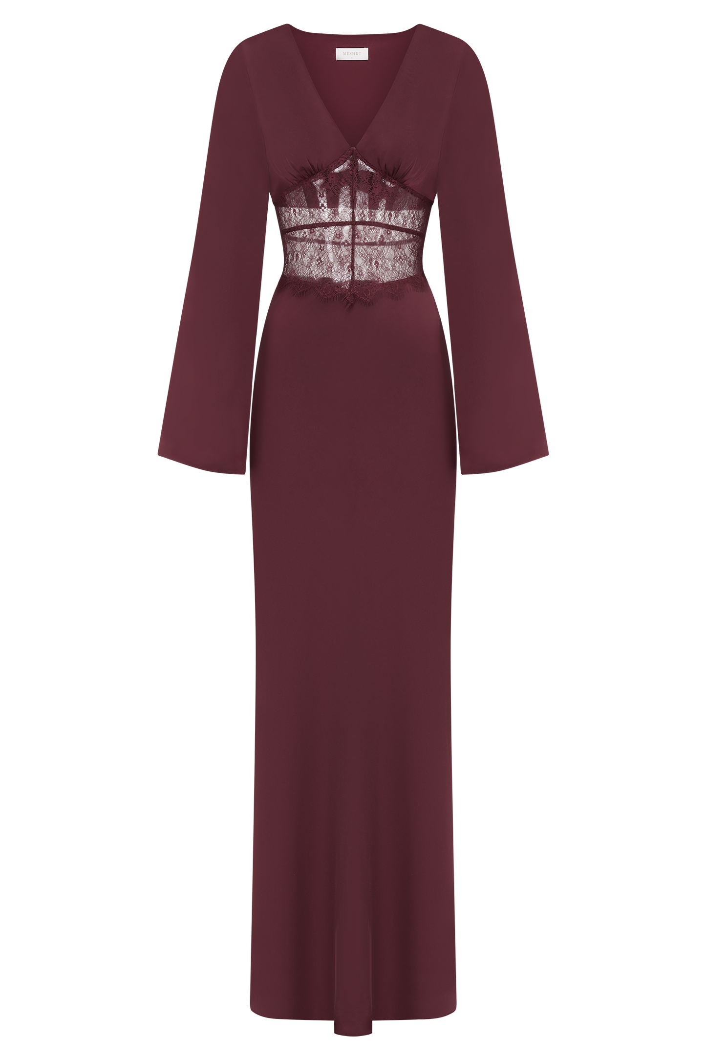 Kaya Long Sleeve Satin And Mesh Maxi Dress - Wine