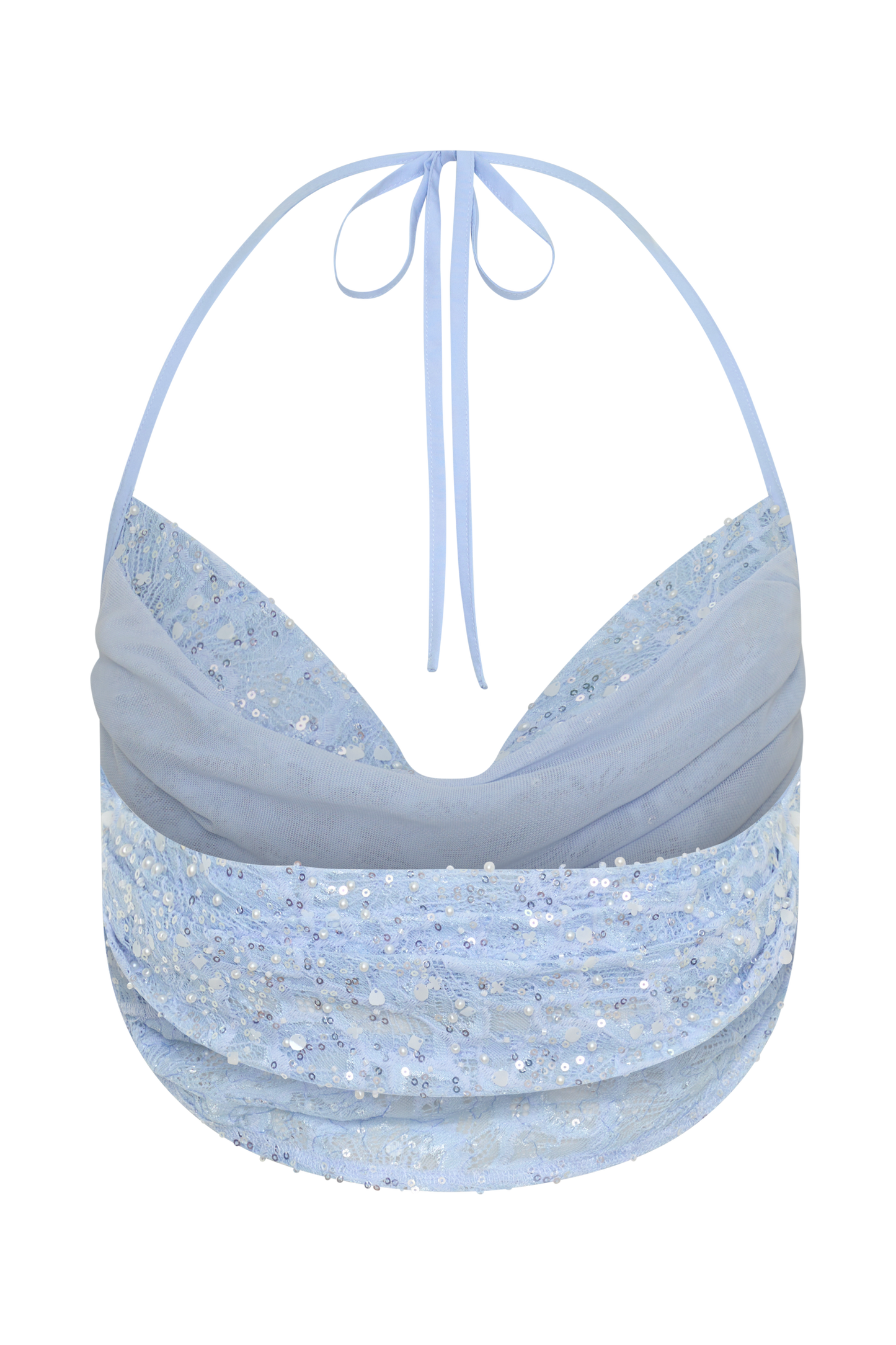 Kiara Pearl Beaded Cowl Crop Top - Powder Blue